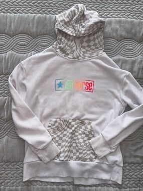 Converse White Pullover Hoodie with Checker Hood and Pocket